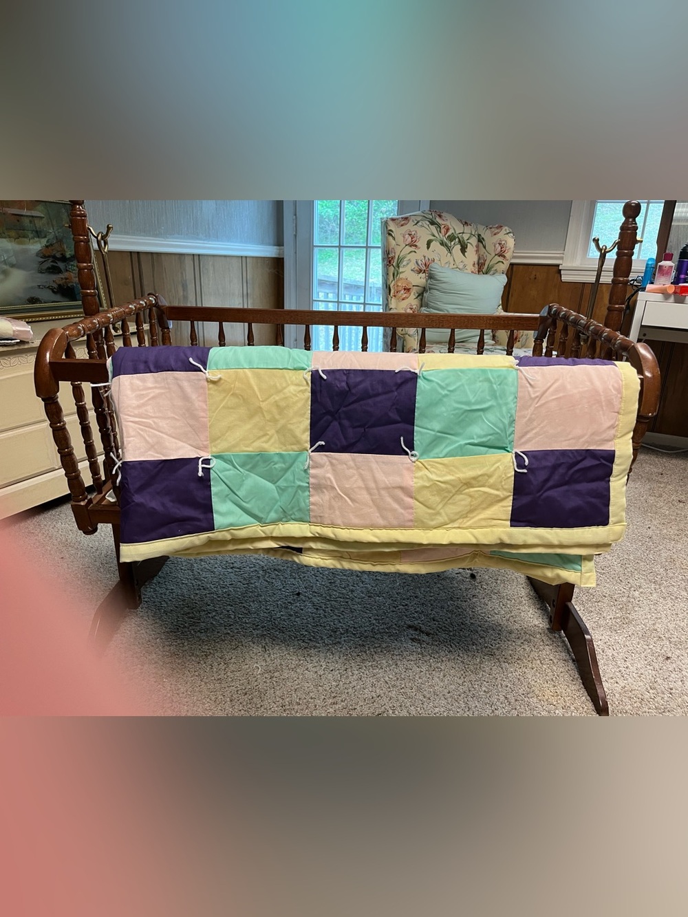 Vtg Baby Blanket Bundle Quilt 3x4 Patchwork + Teddybear Satin Trim Blanket 4x5